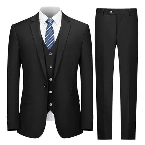 Cooper & Nelson Men's Suit Slim Fit, 3 Piece Suits for Men, One Button Solid Jacket Vest Pants with Tie, Tuxedo Set Black XS